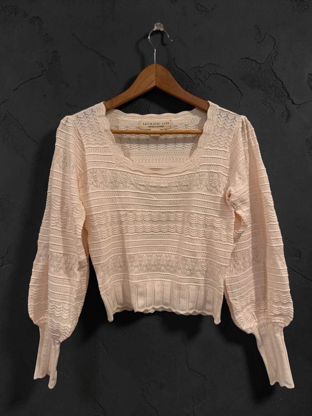 Saltwater Luxe Pointelle Knit L Puff Sleeve Sweater Size XS Vanilla